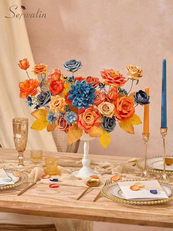 Serwalin Fall Flowers Artificial, Orange Silk Flowers with Stems, Fake Roses Blue Dahia Flower for Wedding Bouquets Bridal Baby Shower Party Arrangment Cake Floral Decoration