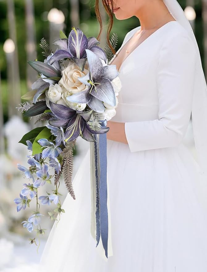 Bridal Bouquet,12 Inch Cascading Wedding Bouquets Bride Bouquets for Wedding Ceremony and Anniversary(Blue)