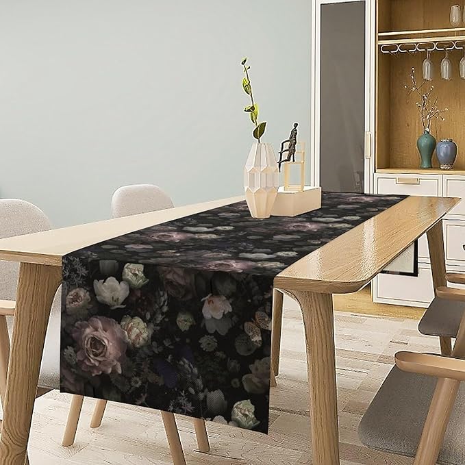 Vintage Floral Table Runner, Black Pink Flower Rose Gothic Garden with Beautiful Blooming Roses Print Table Runner for Home Kitchen Dinning Table Indoor Outdoor Holiday, 13x60inch