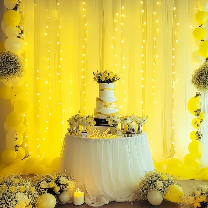 10ft x 10ft Yellow Backdrop Curtain with Lights String for Parties, Sheer Tulle Wedding Photo Backdrops Drapes for Baby Shower Birthday Party Decorations Background for Photography