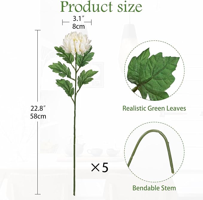 Hollyone 5Pcs Fake Mums Flowers White Artificial Chrysanthemum Flowers Silk 22.8inch Long Stem Floral Arrangements Bouquets Faux Spider Mum Flower Pincushion Flower Bush Spring Home Decor