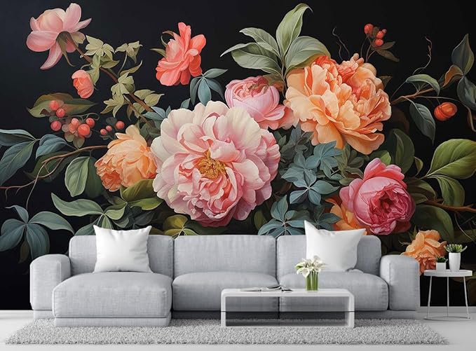 Watercolor Seamless Black Background Floral Pattern Wallpaper, Large Wall Background Decorative Wall murals(Non-self-Adhesive)