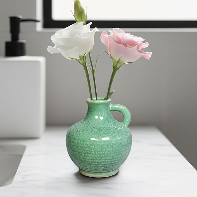 Sunddo Green Ceramic Vase for Centerpieces - 6 Inch Modern Decorative Vase with Handle, Small Pitcher Vases for Home Decor, Living Room Kitchen Bedroom Entryway Mantel Shelf Decor