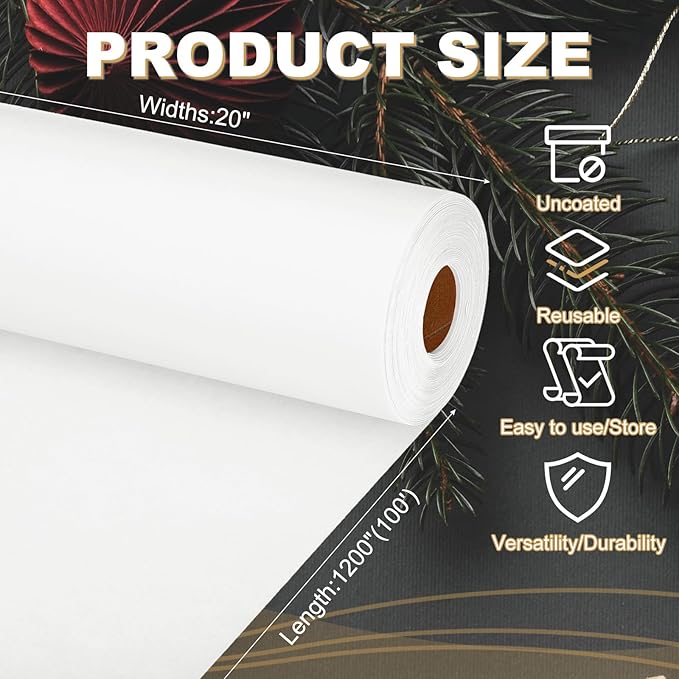 PATIKIL Wrapping Paper, 20"x1200"(100') Bulletin Board Paper Roll Kraft Paper Roll Construction 80GSM for Shipping Packing Gift Wrapping Craft Flower Bouquet Christmas, White