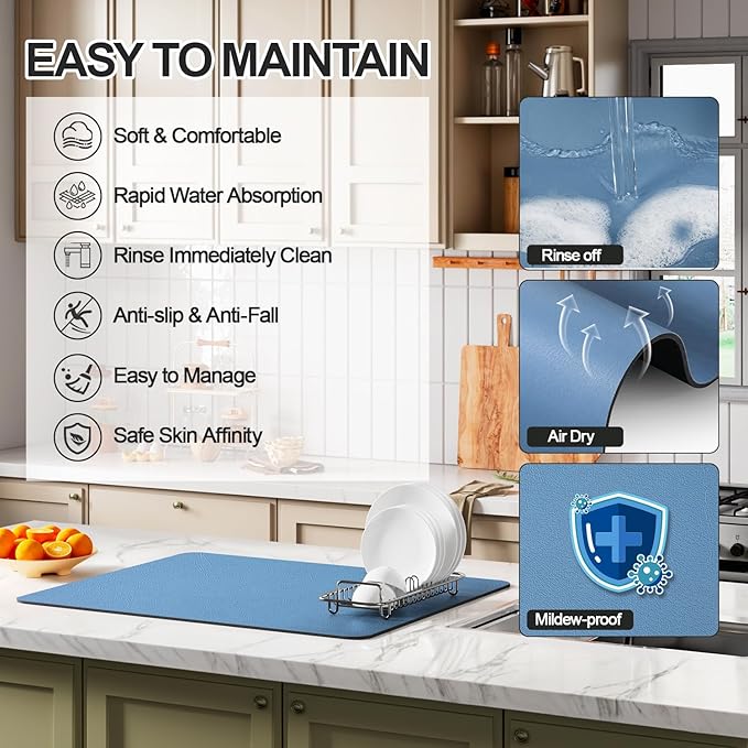 Dish Drying Mat for Kitchen Counter | Coffee Bar Mat for Countertops | Heat Resistant Drainer Mat with Non-slip Rubber Backed | Hide Stain Kitchen Absorbent Draining Mat | Blue 16"x24"