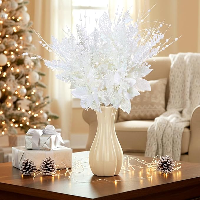18 Pack 3 Styles 17 Inch Christmas Glitter Poinsettia Berry Stems Ornaments Artificial Floral Branches Picks for Christmas Tree Home Vase Holiday Party Decor(White)