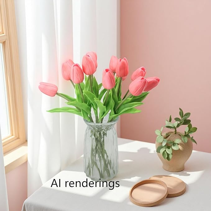 10-Heads Artificial Flowers PU Mini Real Touch Tulip Bouquets for Home Wedding Party Centerpiece Decoration (Gradient Coral)