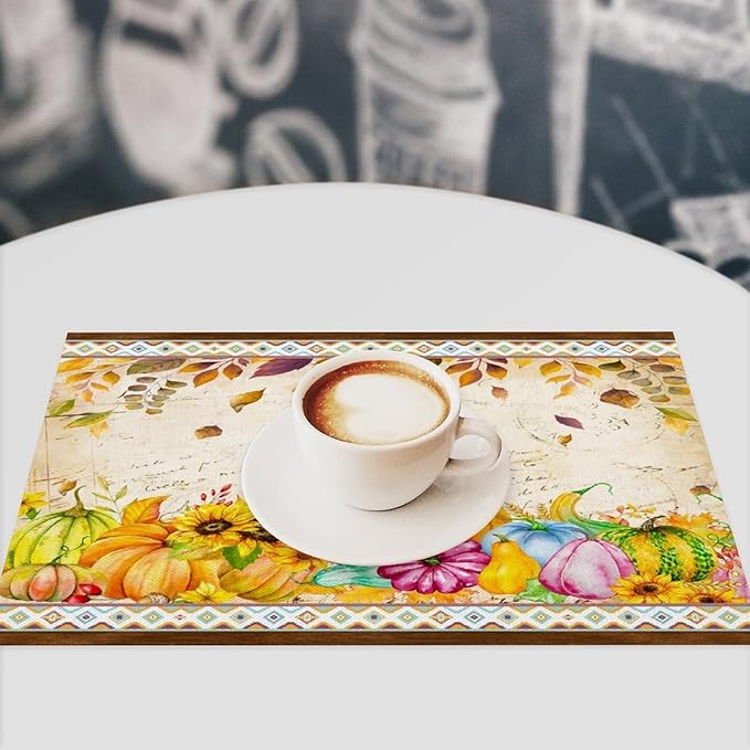 Fall Pumpkin Kitchen Placemats Vintage Rustic Farmhouse Aztec Pumpkins Maple Leaves Sunflowers Harvest Thanksgiving Placemats Table Kitchen Dining Party 12x18 Inch Set of 6