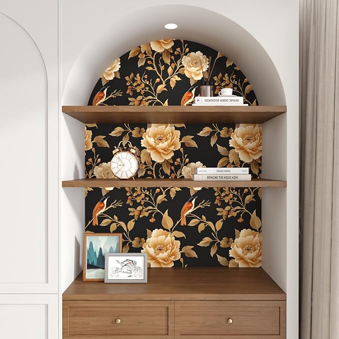 Vintage Floral Bird Wallpaper Peel and Stick Boho Wallpaper 17.5in x118in Black/Golden Floral Wall Mural Waterproof Self-Adhesive Modern Wall Paper for Bedroom Kitchen Cabinet Drawer Decor