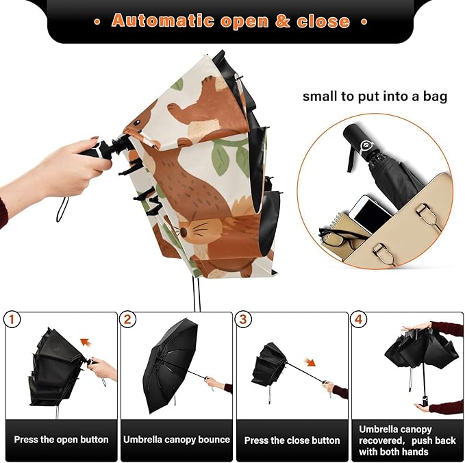 Squirrels and Flowers Pattern Print Folding Umbrella Compact Travel Automatic Open Close Sun UV Protection Reverse Inverted Umbrella for Rain Women Men Outsid