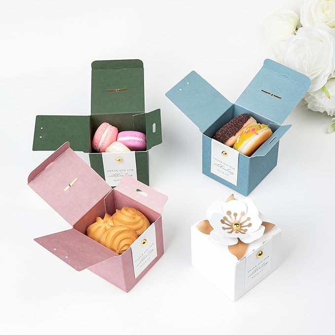 FEIYI 20 PCS Candy Boxes, 3 In 1 Dusty Blue Favor Boxes with Floral Decor, White Thank You Tags Gift wrapping for Wedding Birthday Baby Shower Decorations Party -2.55x2.55x2.55''