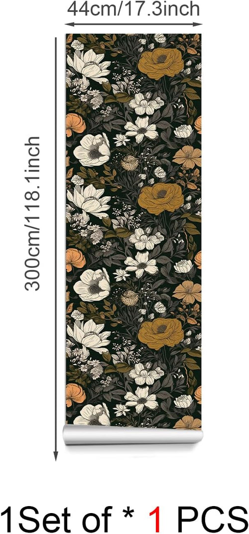 17.3"x118" Vintage Wallpaper Boho Peel and Stick Dark Floral Wall Paper Contact Paper Wildflowers Botanical Papers Removable Renter Friendly Wallpaper