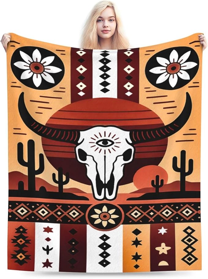 Western Boho Bull Skull Blanket Southwest Aztec Tribal Southwestern Navajo Throw Blanket Soft Cozy Fleece Fuzzy Stuffed Plush Flannel Gifts for Girls Women Boys Kids Adults 40''x50''
