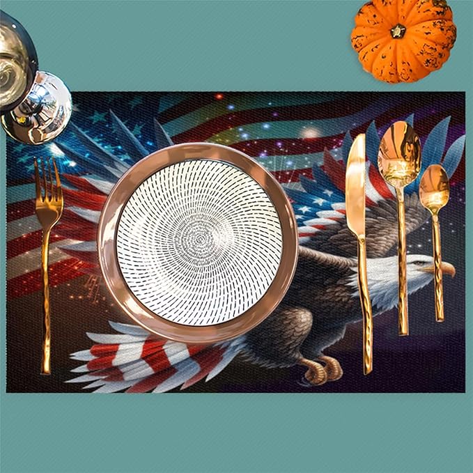 Independence Day Bald Eagles Flag Placemats Set of 1 PVC Vinyl Non Slip Table Mats Waterproof Heat Resistant Place Mats Washable Wipeable Dining Table Mat for Kitchen Party Indoor Outdoor Decorative
