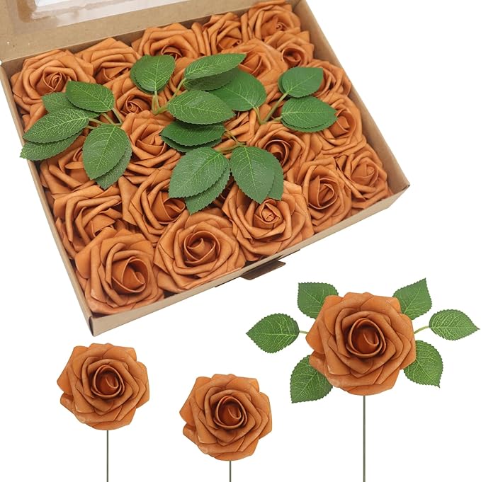 JOYLEX 100Pcs Gold Sparrow Artificial Flowers Realistic Roses, Real Looking Fake Roses with Stem for DIY Wedding Bouquets Centerpieces Party Home Romantic Decorations (Gold Sparrow, 100pcs)