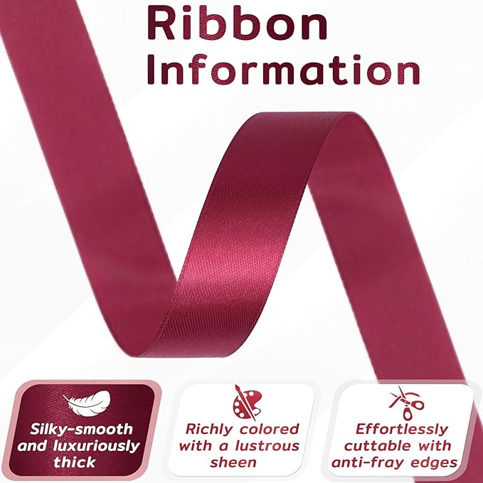 60 Yards Wine Red Satin Ribbon 3/4 Inch, Burgundy Polyester Fabric Ribbon for Gift Wrapping, Crafts, Flower Bouquet, Wedding, Baby Shower, Festival, Christmas, Halloween