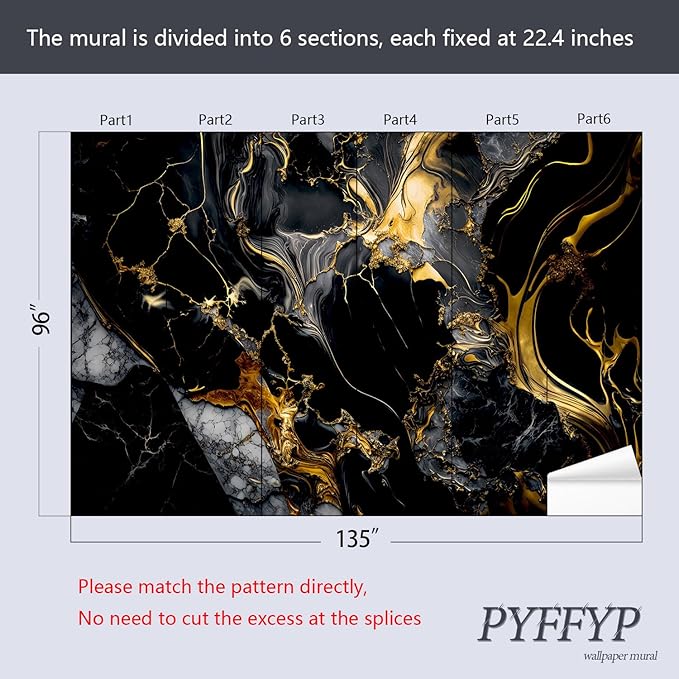 PYFFYP- Abstract Black and Gold Marble Wallpaper murals for Bathroom(Not Peel and Stick)