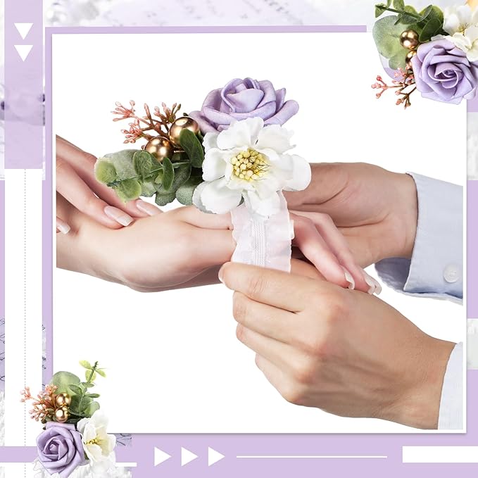 12 Pcs Wedding Wrist Corsage and Boutonniere Set Rose Wrist Corsage for Prom Boutonniere for Men Wedding Flowers Accessories Prom Suit Decorations for Wedding Ceremony (Light Purple)