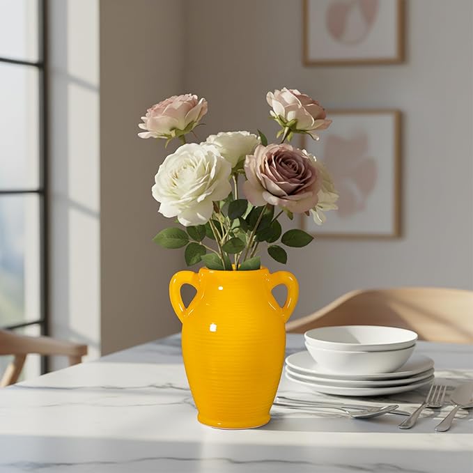 Sunddo Yellow Ceramic Vase 8 Inch - Modern Decorative Vase with 2 Handles for Home Decor, Ideal Centerpiece for Kitchen, Living Room, and Dining Table