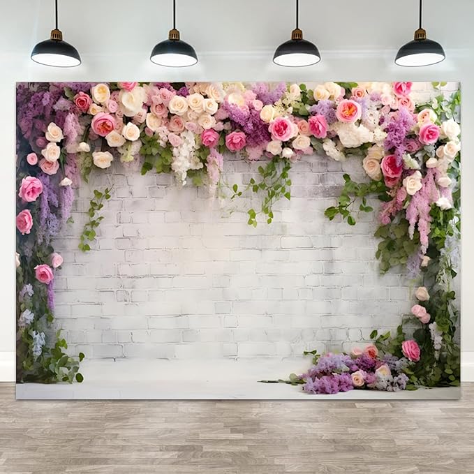 5x3ft Retro White Brick Wall Floral Backdrop Vine Leaves Rose Flowers Photography Background Bridal Shower Wedding Party Birthday Banner Decorations Adults Portrait Photo Booth Prop
