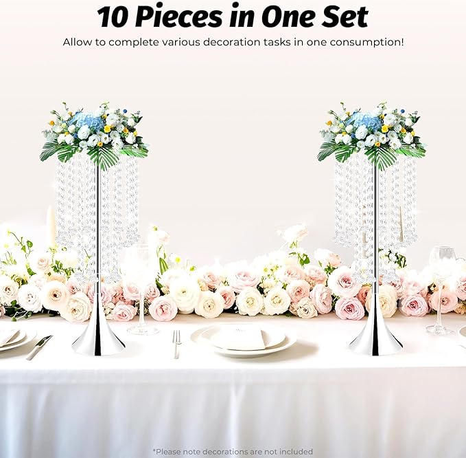 10 Pack 21.9"/55.6cm Tall Crystal Beaded Flower Stands, Metal Wedding Centerpiece Vases for Table/Aisle Decor - Reusable Event Centerpieces for Home, Party, Hotel (Silver)