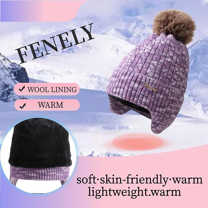 FENELY Women's Knitted Warm Beanie Winter Hat, Warm Chunky Snow Hat with Pompom