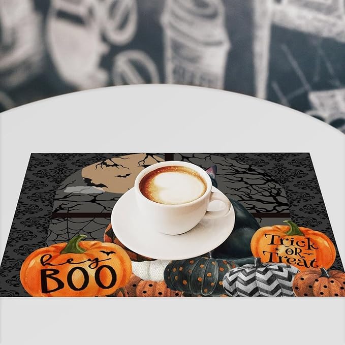 Boo Black Cat Pumpkins Halloween Placemats Gothic Dark Damask Bat Spider Web Dark Forest Funny Pumpkin Placemats Table Kitchen Dining Party 12x18 Inch Set of 6