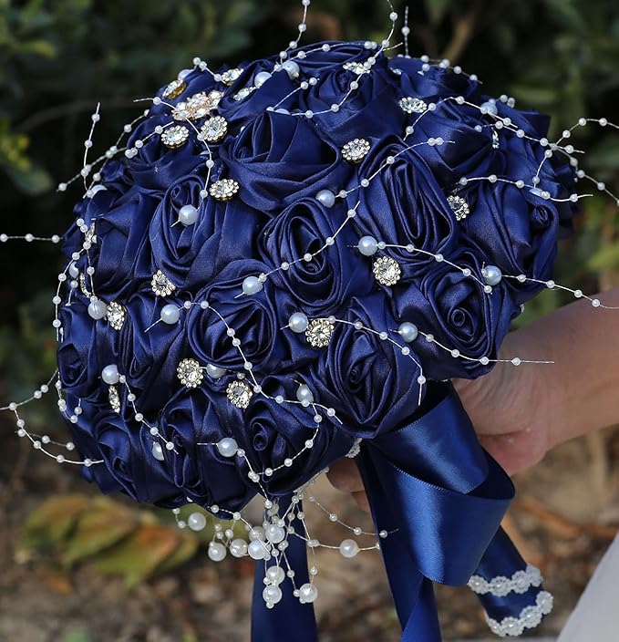 Bridal Wedding Bouquet Round Bling Brooch Bouquet Throw Toss Artificial Rose Flower Bunch for Bride Bridesmaid Wedding Quinceanera(Navy Blue, 8.7")