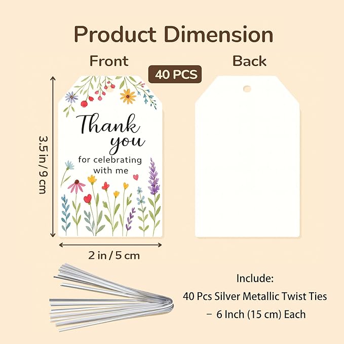 40 PCS Floral Thank You for Celebrating with Me Birthday Tags, Pastel Wildflower Favor Tag, Spring Baby in Bloom Shower Thank You Favor Tag, Floral Birthday Party Tags, 2x3.5