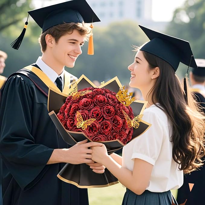 Waipfaru 24 Pcs Glitter Roses Bouquet, DIY Fake Flowers Bouquet, Artificial Red Rose Bouquet for Valentines, Anniversary, Engagement, Wedding
