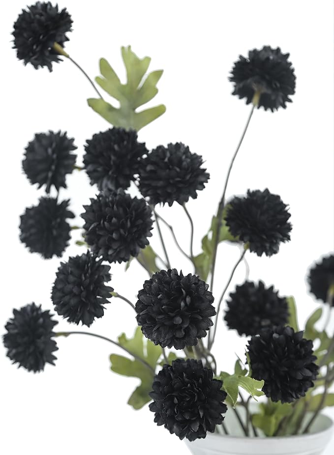DuHouse 6pcs Black Flowers Faux Silk Pompon Mum,Silk Small Mini Chrysanthemum Ball with Stems for DIY Wedding Bouquets Centerpieces Vase Home Table Halloween Decorations(Black)