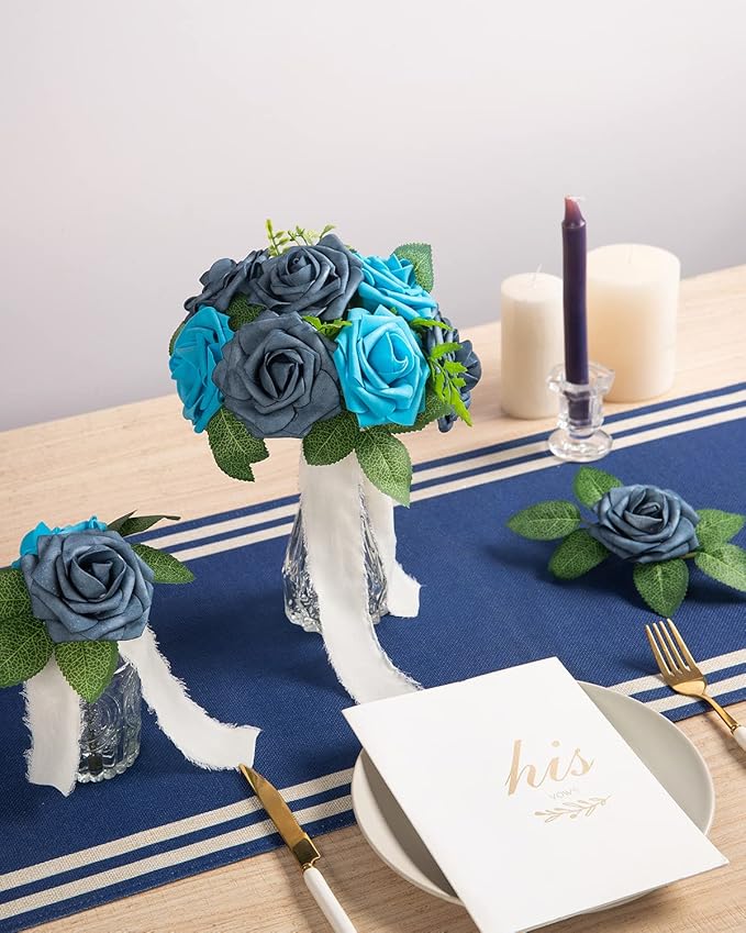 DuHouse 25Pcs Artificial Roses Flowers Fake Roses with Stems Real Touch Foam Flowers for DIY Wedding Bouquet Baby Shower Centerpiece Floral Arrangement Party Home Decor(Dusty Blue)