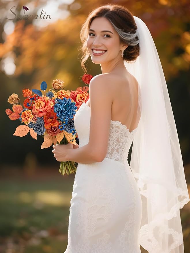 Serwalin Fall Flowers Artificial, Orange Silk Flowers with Stems, Fake Roses Blue Dahia Flower for Wedding Bouquets Bridal Baby Shower Party Arrangment Cake Floral Decoration