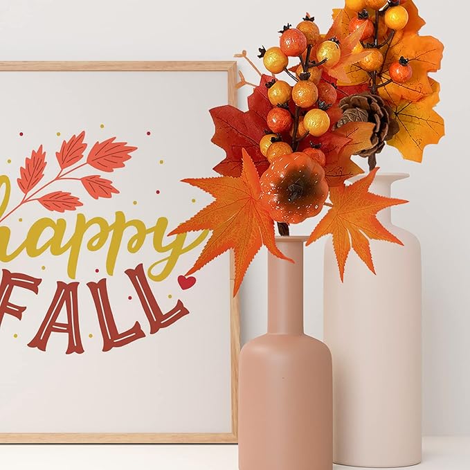 6 Pack Fall Stems Artificial Berry Picks Fall Picks with Pumpkin Maple Leaves Branches Decorations for Harvest Autumn Thanksgiving Day Flower Arrangements Wreaths Indoor Outdoor Home Decor