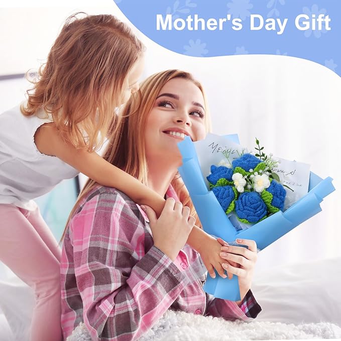 Foyucool Crochet Flowers Bouquet, Handmade Knitted Rose Bouquet with Gift Bag for Home Deocor, Crocheted Finished Flower for Wedding, Mother's Day, Teachers' Day and Valentine's Day, Blue