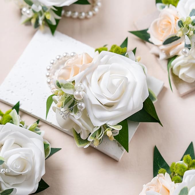 Meldel White Wrist Corsage, Set of 6, Homecoming Wrist Flower Girl/Mother Corsages Wristlet Décor Perfect for Bride Bridesmaids Wedding Guests Hand Flower, Proms, Party, Ceremony Anniversary