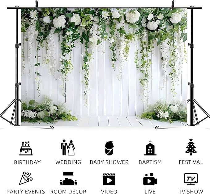 10x6.5ft White Flower Backdrop Green Leaves Wedding Bridal Shower Photography Background Floral Rustic Wood Wall Birthday Party Banner Decorations Reception Ceremony Portrait Photo Booth Prop