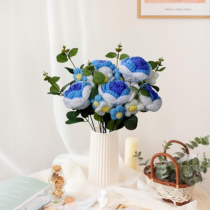 Foyucool Crochet Flowers Bouquet, Handmade Knitted Rosy Blue Bouquet with Gift Bag for Home Deocor, Crocheted Finished Flower for Wedding, Mother's Day, Teachers' Day and Valentine's Day, Blue White