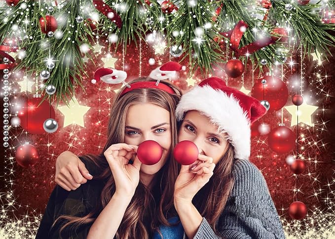 SJOLOON Christmas Backdrops Red Ball Theme Background Shining Stars Background New Year Backdrop for Christmas Party Decoration Banner Photo Shoot 12364 (10x8FT)