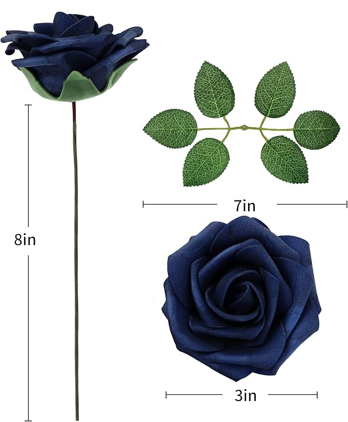DuHouse 50Pcs Artificial Roses Flowers Fake Roses with Stems Real Touch Foam Flowers for DIY Wedding Bouquet Baby Shower Centerpiece Floral Arrangement Party Home Decor(Navy Blue)