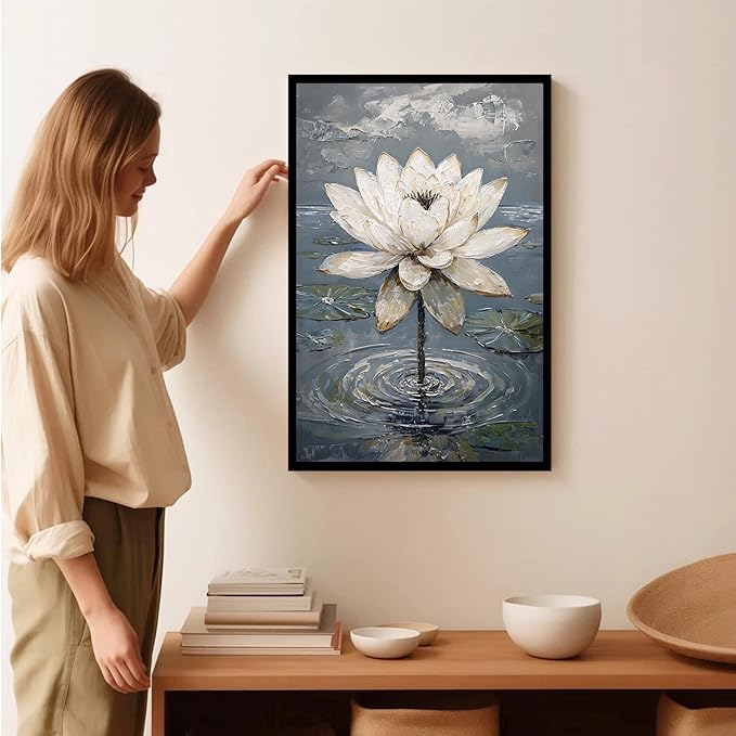 Stunning white lotus emerges from prismatic water with delicate petals background Serene aquatic wall art suitable for modern minimalist decor 12x18in Metal blackFramed