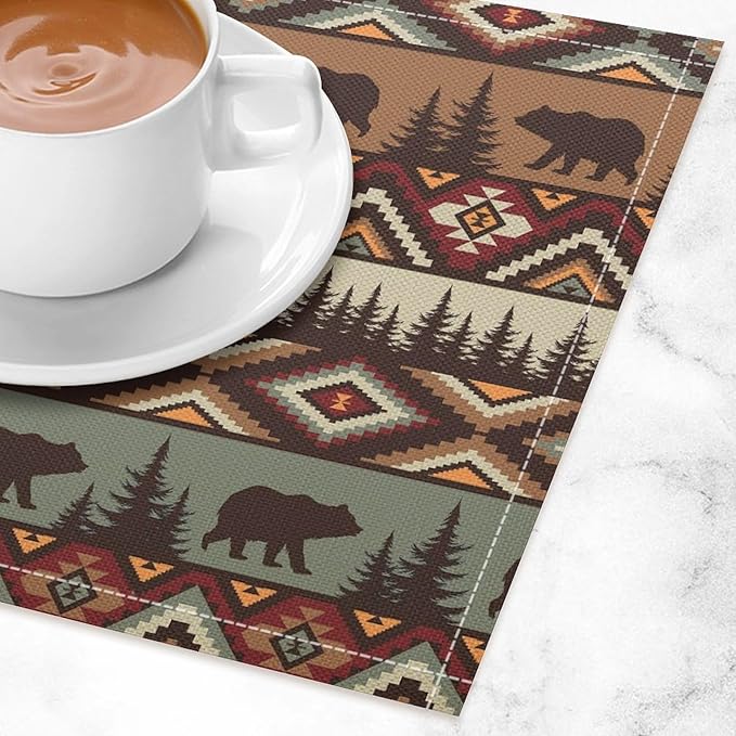 Rustic Bear Placemats Aztec Cabin Wild Animal Hunting Camping Art Printed Dining Table Mats Set of 4 for Home Kitchen Holiday Picnic Party Decor 12x18in