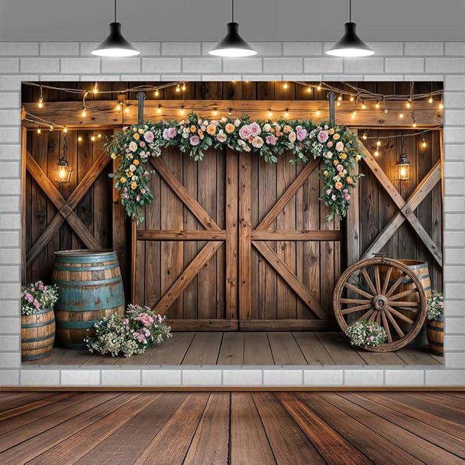 12x10ft Country Wedding Photography Backdrop Rustic Barn Door Photography Backdrop Farmhouse Pink Flower Cabin Wooden Birthday Baby Shower Wedding Bridal Party Banner Photo Booth Props Background