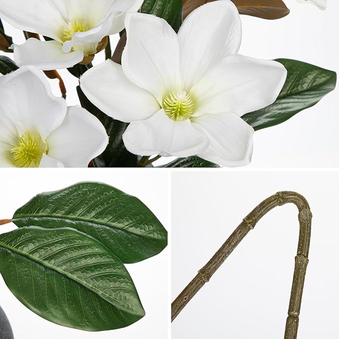Briful Artificial Magnolia Flower Stems – 3PCS 29.5" Tall Faux White Magnolia Branches with Silk Flowers Realistic Floral Arrangements for Home Wedding Bouquets Vase Farmhouse Decor