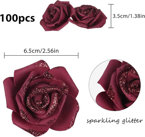 100pcs Burgundy Glitter Roses 2.56" Foam Glitter Flowers Fake Roses Artificial Roses for Bridal Shower Centerpieces DIY Wedding Flower Floral Arrangements