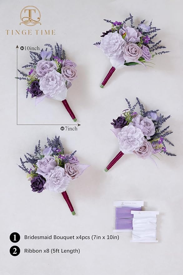 TINGE TIME 7 Inch Artificial Flowers Wedding Bouquets for Bridesmaid, Set of 4, Lavender Bride Tossing Bouquet for Rustic Wedding Ceremony Bridal Shower Rehearsal Dinner Vintage Party