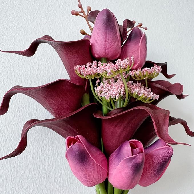 Floral Bouquet 10 Artificial Calla Lilies with 8 Artificial tulip flowers,Bridesmaid Bouquet with Wedding Ceremony Festivals Anniversary Bridal Rehearsal Party Bar Table Decor (dark red)