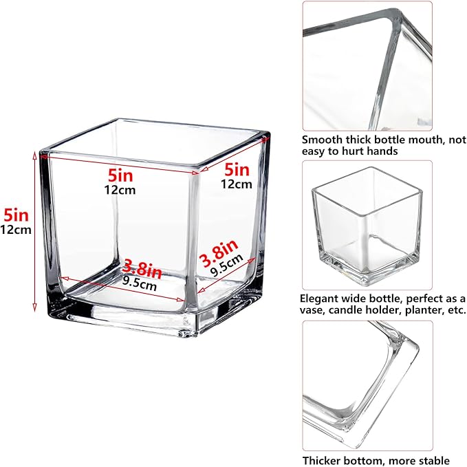 Square Glass Vases Set of 6 – Hewory 5"x5" Clear Cube Flower Vase Candle Holders for Wedding Centerpieces Home Decor Events Party Ceremony (Not Include Flower and Candle)