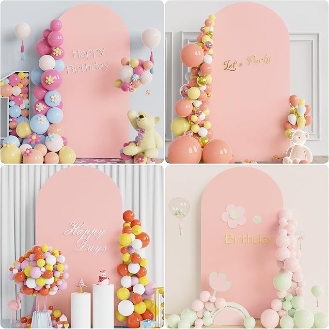 Putros 7.2ft Metal Arch Stand with Cover Pale Pink Spandex Fitted Wedding Arch Cover and Round Top Chiara Backdrop Stand Set for Birthday Party Baby Shower Decoration