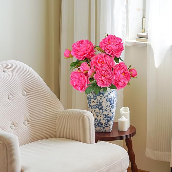 ASTRYAS 4Pcs Large Peonies Artificial Flowers, Hot Pink Fake Silk Peony with Long Stem, Faux Peonies Flowers for Tall Vase Centerpiece Table Wedding Party Home Festival Decor
